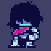 kris from deltarune, kneeling against a plain background while facing the screen